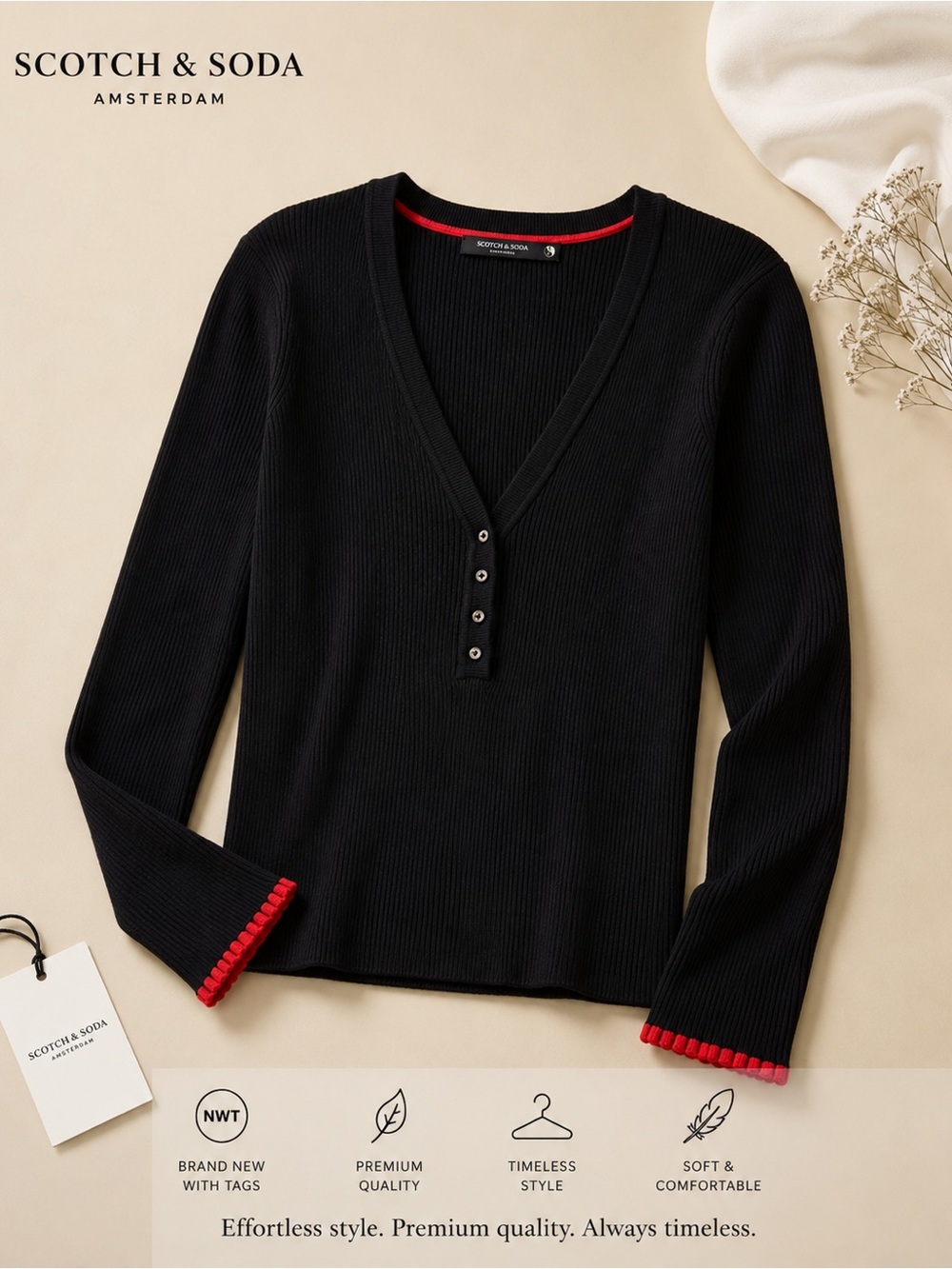 Scotch & Soda Black V-Neck Ribbed Sweater with Red Trim